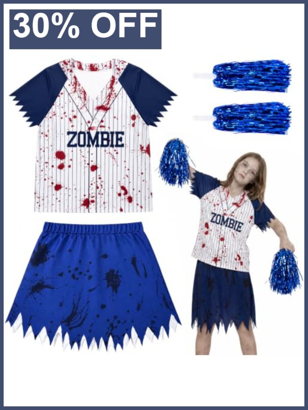 Zombie Cheerleader Halloween Costume for Kids, Scary Bloody Cheer Outfit